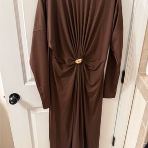 Commense Chocolate Long Sleeve Dress with Gold Detail